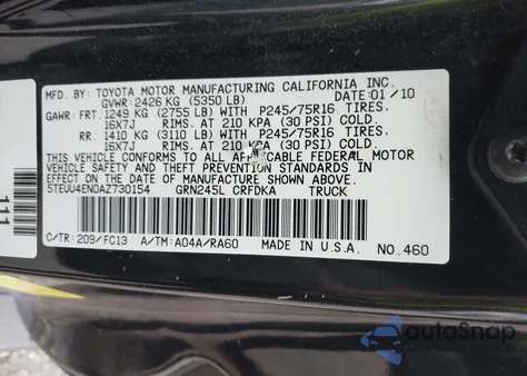 2010 Toyota Tacoma Base V6 from USA, damaged, VIN 5TEUU4EN0AZ730154